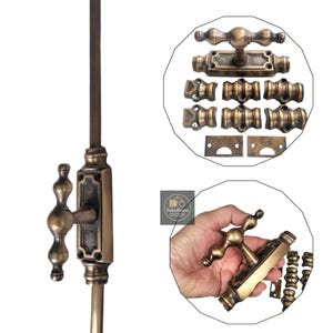 May include: Antique brass window hardware set. The set includes a window latch, various fasteners, and a handle. The hardware has a vintage aesthetic with ornate detailing and a warm, aged finish. The image also shows a close-up of the hardware.