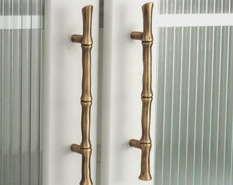 4x 14cm Bamboo Motif Solid Brass Kitchen Cabinet Door Handles, Decorative Brass Pulls