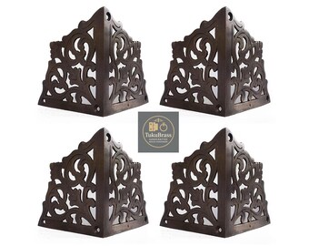 3" Set of Solid Brass Corner Protectors, Decorative Leaf Design Cabinet Angle Guards, Furniture Corner Plates