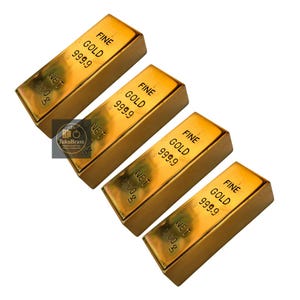 May include: Four gold bars with the text "FINE GOLD 999.9" and "NET 1000 g" printed on them. The bars are rectangular and have a shiny, metallic appearance. The bars are arranged diagonally on a white background.