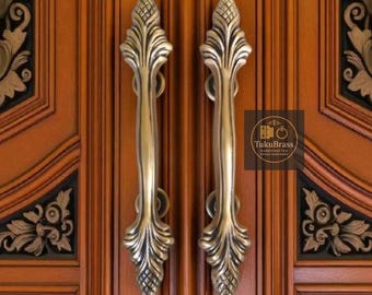 Pair of 17.71" Vintage Floral Brass Door Handles, Decorative Brass Door Pulls, Front Door Hardware