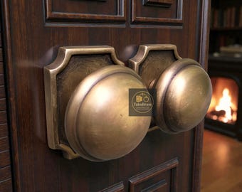 Pair of 2.36" Brass Door Knobs With Plate, Solid Brass Door Pulls, Vintage Brass Door Handles, Classic Door Hardware