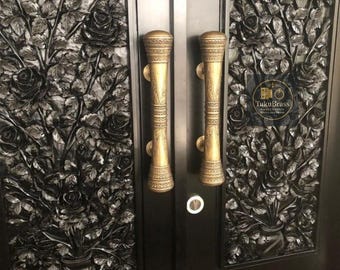 Pair of 15.7" Solid Brass Victorian Door Handles, Large Classic Pulls, Vintage Detailed Front Door Hardware