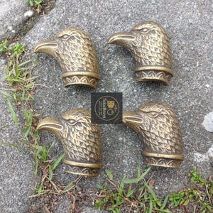 Peut inclure: Quatre poignées de tiroir en laiton antique en forme de tête d'aigle. Chaque poignée présente des plumes texturées et un bec incurvé. Les poignées sont disposées sur une surface en pierre grise avec de l'herbe verte.