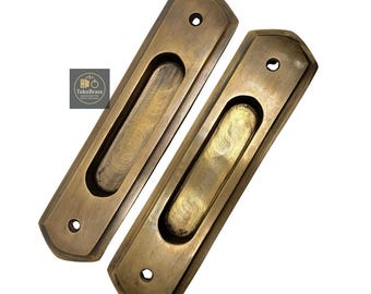 Pair 6.02" Inches Vintage Solid Brass Baldwin FLUSH Pull Sliding Pocket Door Solid Brass Knob Drawer Pulls, Brass door handle