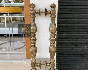 Pair of 55cm Antique Brass Leaf Door Handles, Elegant Brass Door Pulls, Main Entry Door Hardware