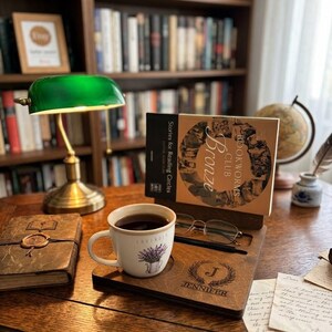 Op de afbeelding: Een gezellige leeshoek met een houten bureau, een groen-beschaduwde lamp, een koffiekopje en een boekenstandaard. De standaard bevat een boek met de titel "Bookworms Club Bronze". Een bril en een pen liggen op de standaard. Een wereldbol en een boekenkast zijn op de achtergrond.