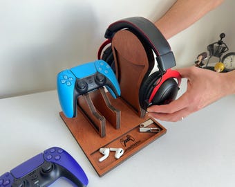 Personalisierter Kopfhörer & Controller Ständer: Geschenke für Gamer, Schreibtischhalter aus Holz