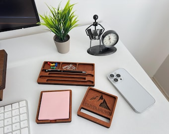 Conjunto Organizador de Mesa Personalizado em Madeira, Organizador de Escritório Minimalista,