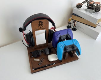 Personalized Headphone and Controller Holder, Gaming Desk Stand, Gamer Room Decor