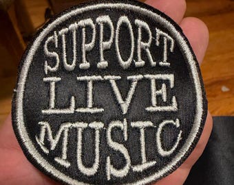 Support Live Music Embroidered Iron-on round Patch Silver/Black