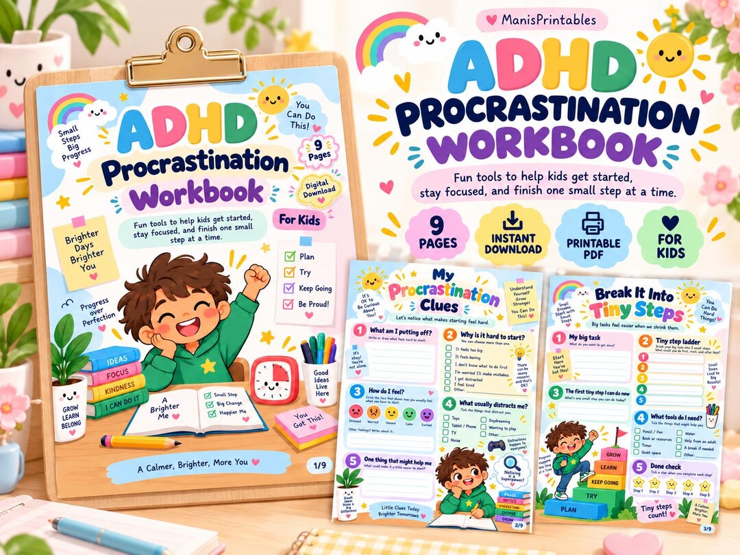 ADHD Kids Procrastination Workbook, Cute Executive Function Worksheets ...