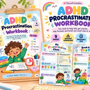 May include: A digital ADHD Procrastination Workbook for kids featuring nine pages of colourful worksheets. The cover displays a cartoon child, a stack of books, a timer, and text including ADHD Procrastination Workbook, My Procrastination Clues, and Break It Into Tiny Steps.