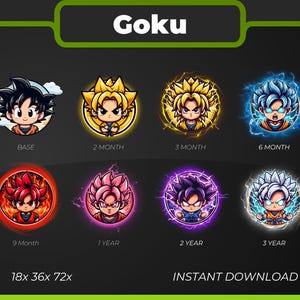 May include: A digital art graphic featuring Goku from Dragon Ball Z. The image showcases various transformations, each in a circular frame with text labels like "BASE", "2 MONTH", and "3 YEAR". The background is dark green with the word "Goku" at the top.