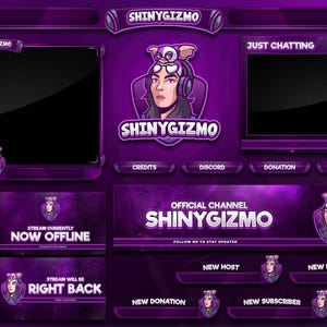 May include: A purple-themed Twitch stream overlay set featuring the text SHINYGIZMO. Includes various frames, banners, and notification bars with a character logo wearing headphones and a small creature on their head, plus status screens.