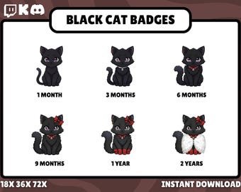 May include: A set of six black cat badges with varying accessories, each representing a different subscription duration. The badges feature cute cartoon cats with text labels like "1 MONTH" and "2 YEARS". The image also includes the text "BLACK CAT BADGES" and "INSTANT DOWNLOAD".