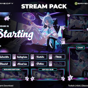 May include: A digital stream pack with a futuristic anime theme. The design features a character with blue hair and headphones, along with various overlay elements. Text includes "Stream Pack", "Stream is Starting", and social media icons. The color scheme is primarily purple, blue, and pink.