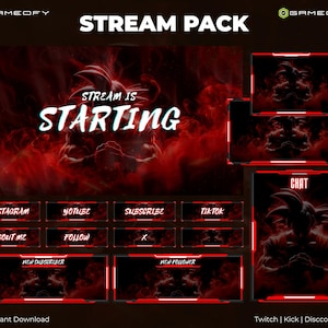 May include: A digital stream pack in red and black. The pack includes overlay elements like a "Stream is Starting" screen, chat boxes, and social media buttons. The design features a silhouette of a character, suitable for Twitch, Kick, and Discord.
