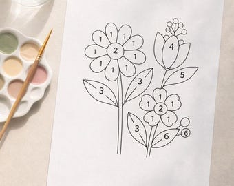 Puede incluir: Un diseño floral de pintar por números sobre papel blanco. El contorno presenta tres flores con secciones numeradas para colorear. Una paleta con colores de pintura, un pincel y un frasco de agua están en la imagen.