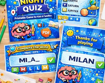 Puede incluir: Juego imprimible Trivia Night Quiz para niños y familias. El juego incluye tarjetas de preguntas y respuestas. Las tarjetas son azules con texto blanco y gráficos de dibujos animados. Una tarjeta pregunta: "¿Cuál es el planeta más grande de nuestro sistema solar?"