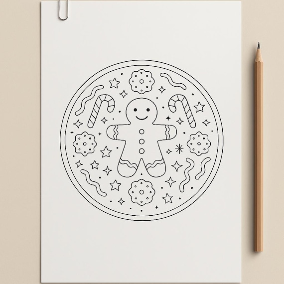 Gingerbread Man Christmas Mandala Coloring Page – Printable PDF | Holiday Coloring for Kids & Adults | Instant Download