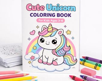 Puede incluir: Un libro para colorear "Cute Unicorn" para niños de 3 a 6 años. La portada presenta un unicornio de dibujos animados con melena y cuerno de arcoíris. Se ven crayones, una goma de borrar rosa y lápices de colores.