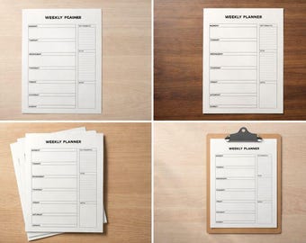 Puede incluir: Hojas de planificador semanal blancas con un diseño sencillo. Cada hoja tiene secciones para cada día de la semana, una lista de tareas y notas. El texto "WEEKLY PLANNER" está en la parte superior.