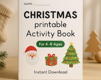 Puede incluir: Un libro de actividades imprimible de Navidad blanco con el título "CHRISTMAS printable Activity Book" en letras negras grandes. El libro incluye ilustraciones de Papá Noel, un regalo envuelto y un árbol de Navidad. También se incluye el texto "For 4-8 Ages" y "Instant Download".