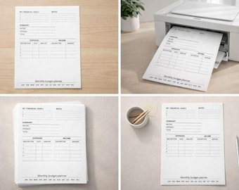 Puede incluir: Hojas blancas de planificador de presupuesto mensual con secciones para objetivos financieros, gastos e ingresos. Las hojas están impresas con un diseño simple y minimalista. Algunas imágenes muestran las hojas que se imprimen.