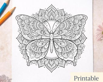 May include: Black and white Butterfly Mandala coloring page for adults. The image features a detailed butterfly design with intricate patterns, surrounded by floral elements. Text on the page reads "Printable & A4 Size".