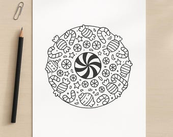 Puede incluir: Diseño de mandala de caramelos en blanco y negro sobre papel blanco. El mandala presenta varios caramelos, estrellas y remolinos dispuestos en un patrón circular. Un lápiz y un clip están en el lado izquierdo del papel.