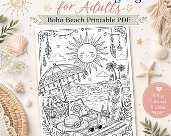 Puede incluir: Una página para colorear imprimible en blanco y negro para adultos que muestra una escena de playa con sol, sombrilla, tabla de surf, bolso, sombrero, gafas de sol y conchas. El texto dice Summer Coloring Page for Adults, Boho Beach Printable PDF.