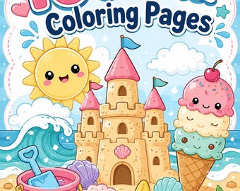 Puede incluir: Una ilustración digital titulada 10 Summer Coloring Pages que muestra un castillo de arena, un sol sonriente, un cubo rosa con una pala azul, un helado de tres bolas y varias conchas en una playa con el texto Cute Beach & Ocean Fun.