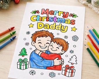 Puede incluir: Una página para colorear con el texto "Merry Christmas Daddy". La imagen presenta a un padre y un niño abrazándose, rodeados de ilustraciones navideñas como copos de nieve, regalos y árboles de Navidad. Lápices de colores están dispersos alrededor de la página.