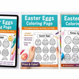 Può includere: Una pagina da colorare digitale di Uova di Pasqua per bambini, con un foglio di lavoro stampabile. L'immagine include matite colorate e uova di Pasqua decorate, promuovendo un'attività divertente e creativa.