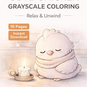 May include: A grayscale coloring book cover with the text "CUTE CHICKEN GRAYSCALE COLORING" and "Relax & Unwind". The image features a cartoon chicken wearing a scarf, a lit candle, and the text "10 Pages Instant Download".
