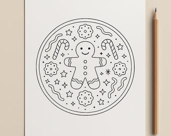 May include: Black and white line art illustration of a gingerbread man, candy canes, cookies, stars, and squiggly lines arranged in a circle. The image is on a white sheet of paper with a paper clip and a pencil.