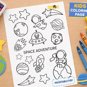 Space Coloring Page for Kids Printable PDF | Space Adventure Coloring Sheet | Astronaut Rocket Planet Activity Page