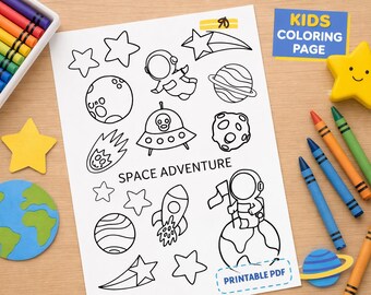 Space Coloring Page for Kids Printable PDF | Space Adventure Coloring Sheet | Astronaut Rocket Planet Activity Page
