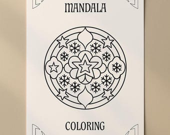Puede incluir: Un papel blanco con un diseño de mandala negro para colorear. El mandala presenta una estrella central, rodeada de estrellas y formas de copos de nieve. Las palabras "MANDALA" y "COLORING" están impresas arriba y abajo del diseño.