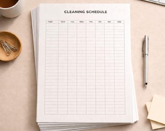 Puede incluir: Una pila de papel blanco con un gráfico impreso de "CLEANING SCHEDULE". El gráfico tiene columnas para cada día de la semana. Un bolígrafo plateado, una taza de café, un cuenco de madera pequeño con clips y notas adhesivas están sobre la mesa.