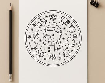 Puede incluir: Ilustración en blanco y negro de un muñeco de nieve con gorro y bufanda, rodeado de copos de nieve, guantes y adornos. Ideal para manualidades o decoraciones navideñas.