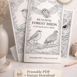 Peut inclure: Plusieurs livres de coloriage "Realistic Forest Birds" pour adultes, avec des illustrations détaillées d'oiseaux. La couverture présente un hibou et d'autres oiseaux. Les livres sont étiquetés "PDF imprimable - Téléchargement instantané" et comportent 31 pages détaillées.
