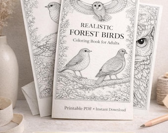 Puede incluir: Una pila de libros para colorear titulados "Realistic Forest Birds" para adultos, con ilustraciones detalladas de varias aves. La portada incluye un búho y otras aves. Los libros están etiquetados como "PDF imprimible - Descarga instantánea" y tienen 31 páginas detalladas.