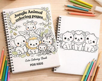 Puede incluir: Dos libros para colorear con espiral con el texto "Jungle Animal coloring pages" y "Cute Coloring Book FOR KIDS". Un libro presenta una jirafa, un elefante, un león, una cebra y un mono. El otro libro tiene tres leones de dibujos animados. Lápices de colores dispersos.