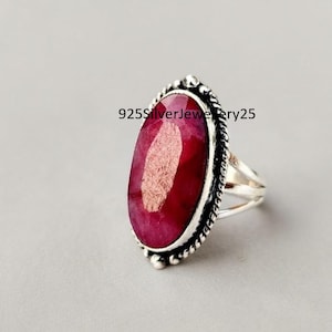 Natural Ruby Ring, 925 Sterling Silver Statement Ring, Boho Gemstone Jewelry, Oval Red Stone Ring, Large Cocktail Ring, July Birthstone Gift