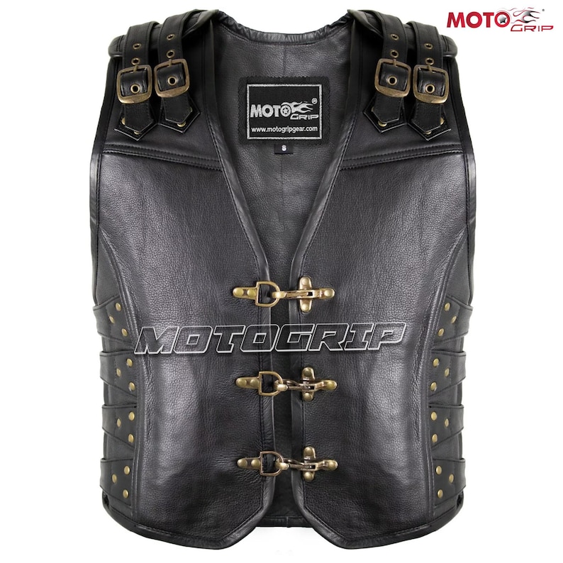 Men's Black Leather Biker Vest Rocker Motorcycle Waistcoat Double Sided ...