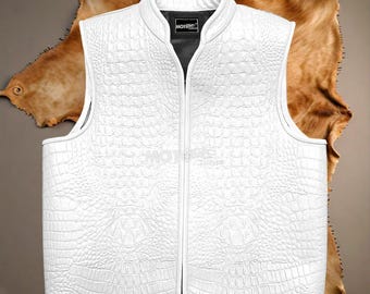 MOTOGRIP® Men's Crocodile Style White Leather Vest & Lining Motorbike Waistcoat