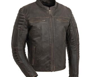 Leren motorjas heren verweerd bruin leer Cafe Racer vintage biker handgemaakt