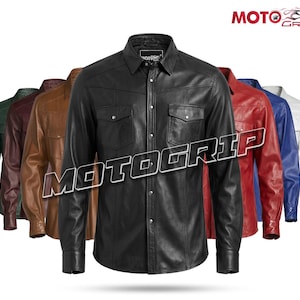 May include: A collection of leather shirts in various colors, including black, brown, red, blue, and white. Each shirt features a button-down front, two chest pockets, and a classic collar. The shirts are displayed with the "MOTO GRIP" logo.